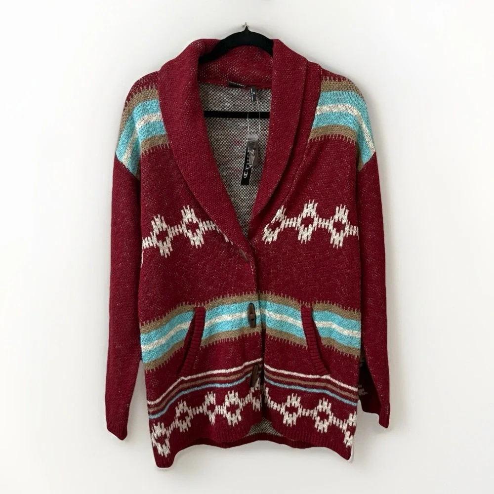 Cruel Denim Aztec Tribal Cardigan Sweater Women's Large‎ Button Front Southwest